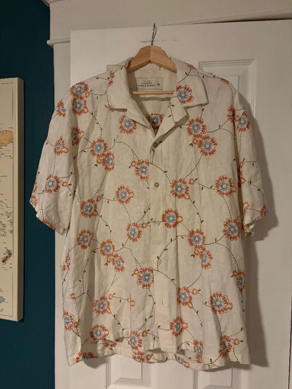 Abercrombie & Fitch Summer Linen Blend Camp Shirt Cream Embroidered Floral Sz L
